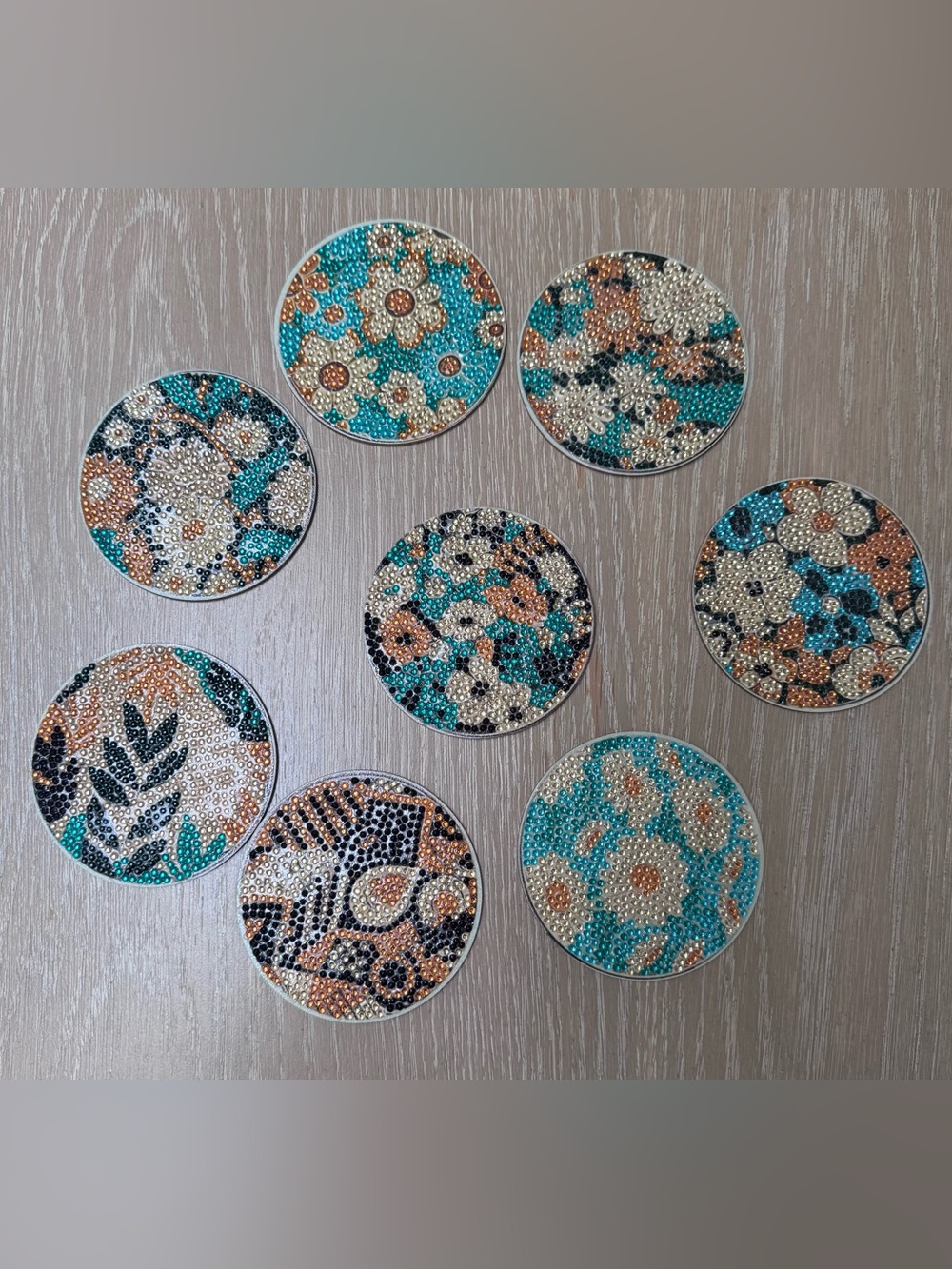 Rhinestone Floral Circle Coasters - Teal, Gold & Black